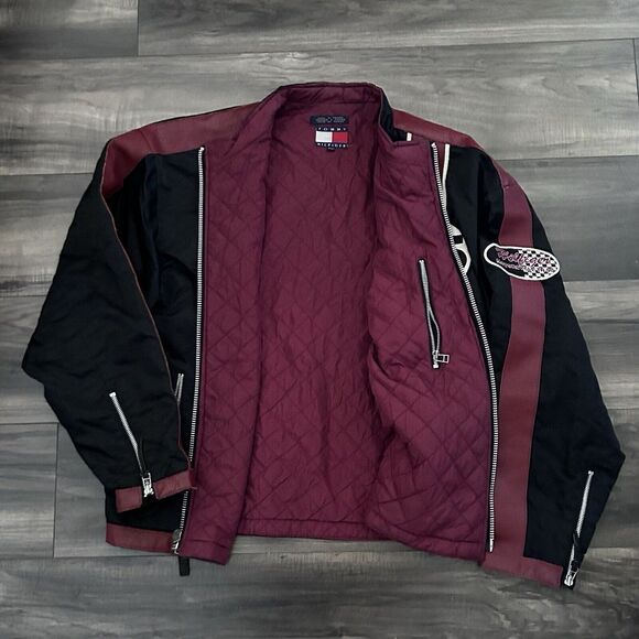 Vintage Tommy Hilfiger Racing Motorcycle Jacket Patches Men's XL Black Nylon - Picture 8 of 13